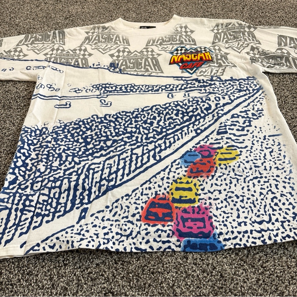 Vtg NASCAR Cafe Myrtle Beach Racing All Over Print 2 Sided T Shirt Size Large - Picture 9 of 11